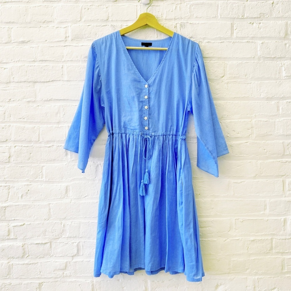 ATM‎ Anthony Thomas Melillo || Crinkle Cotton V Neck Mini Dress Tassels Blue S